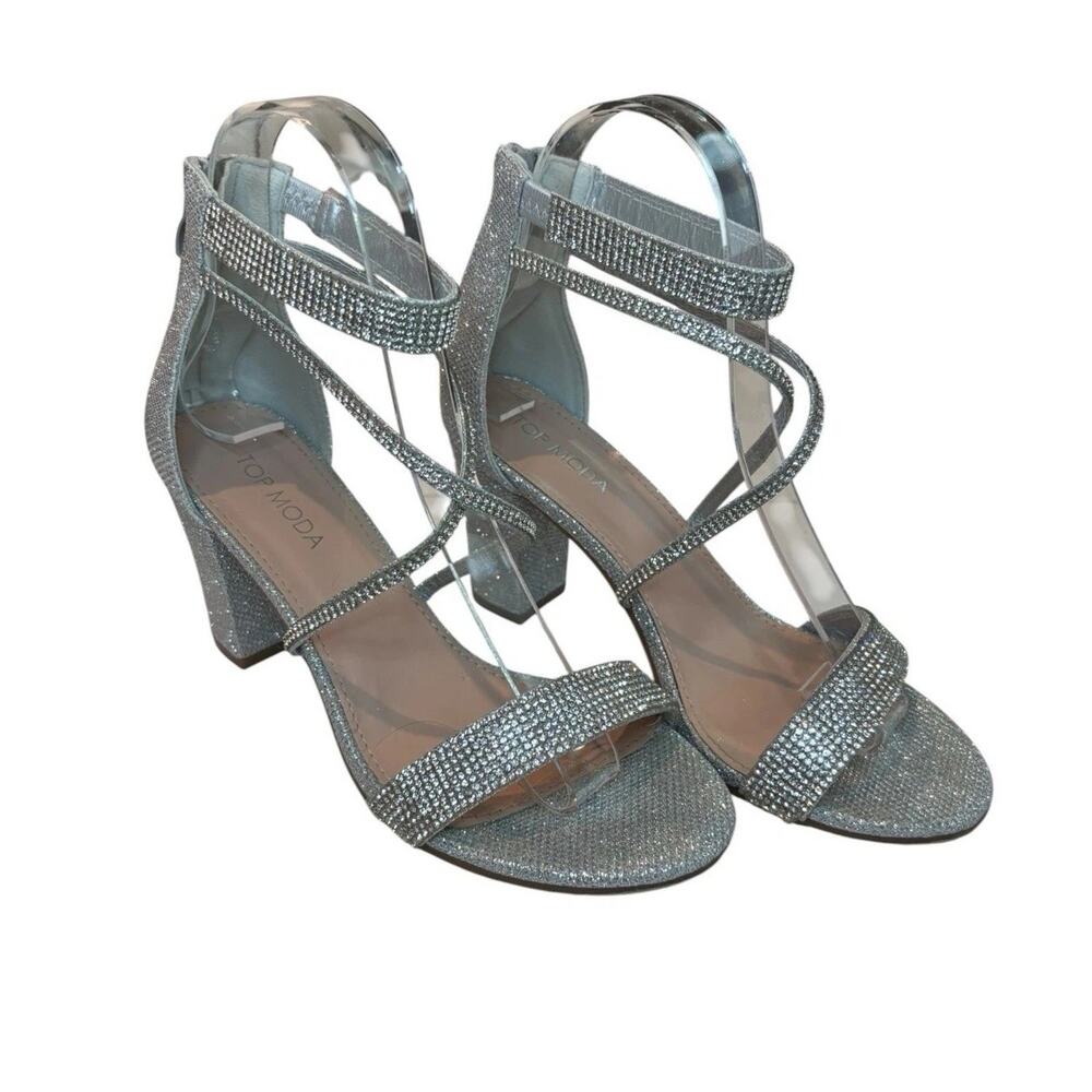 Top Moda Silver Rhinestone Block Heel Sandals Women’s 6.5 Glitter Strappy